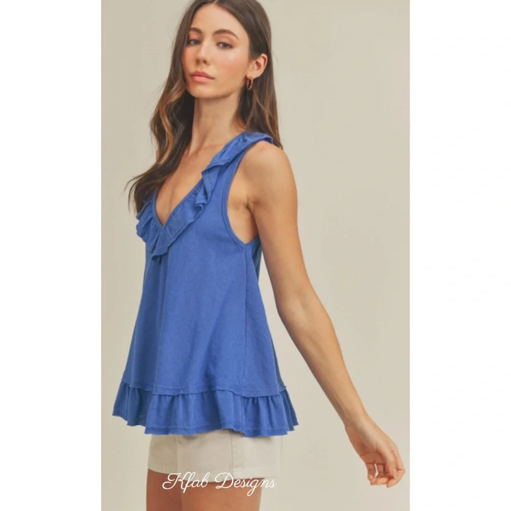 LAST 2! V Neck Royal Blue Super Soft Ruffle Effortless Top! - Picture 3 of 6